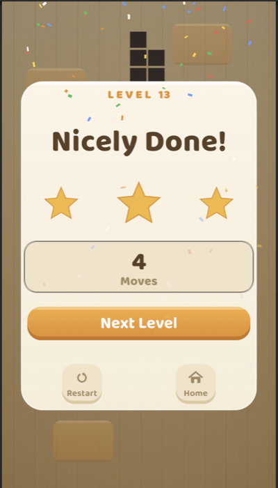WoodIt level complete screen with three stars earned