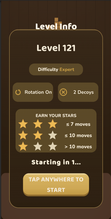 WoodIt level info screen showing difficulty and star thresholds